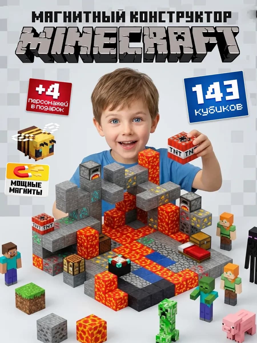 Магнитный конструктор Minecraft лава кубики блоки 143шт