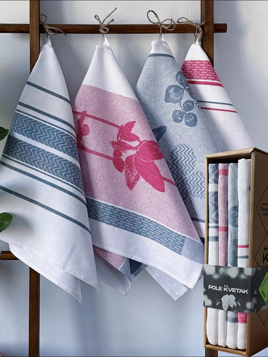 Льняные полотенца кухонные подарочный набор на 8 марта