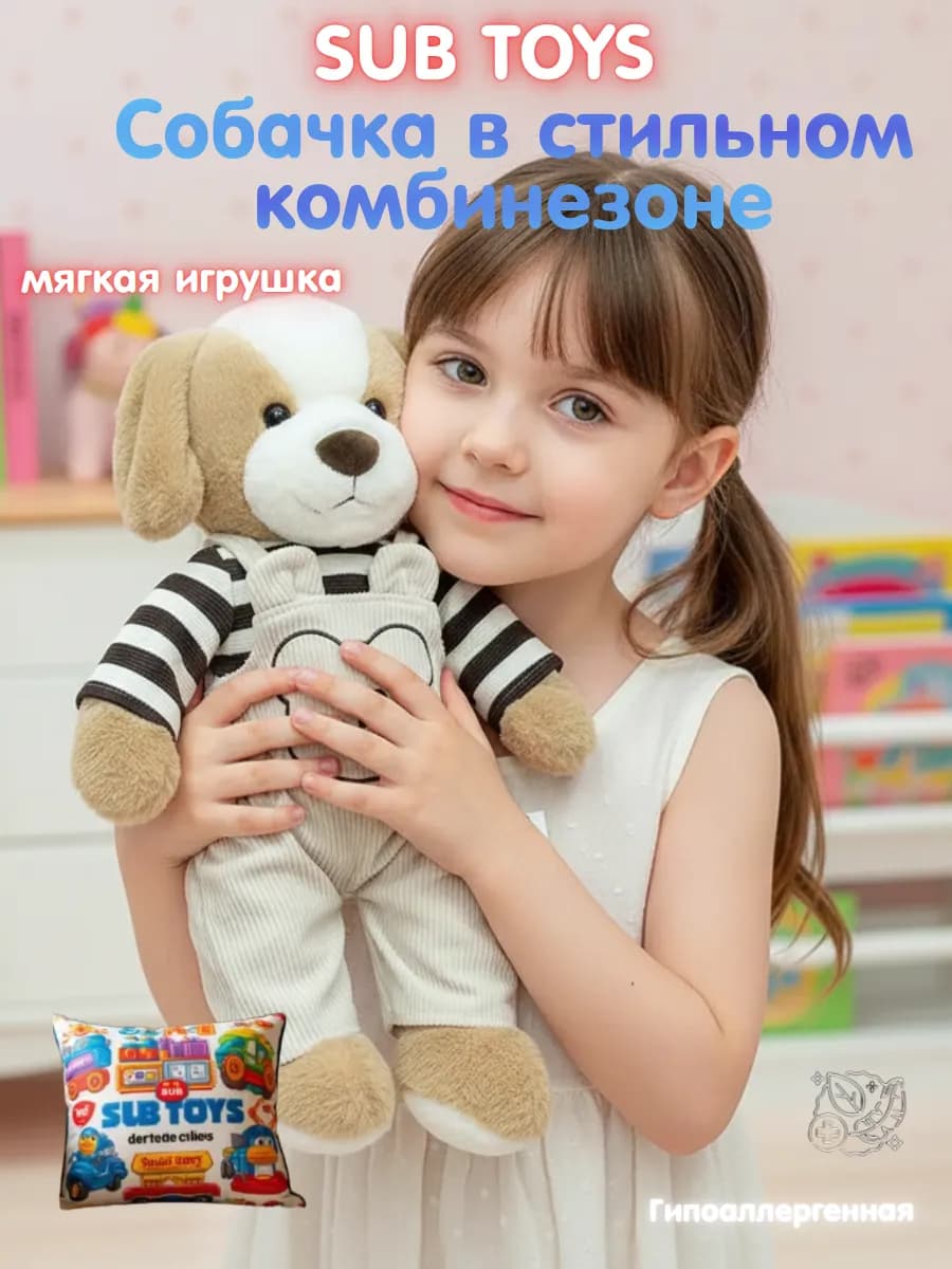 Мягкая игрушка Собачка в стильном комбинезоне для детей 35см
