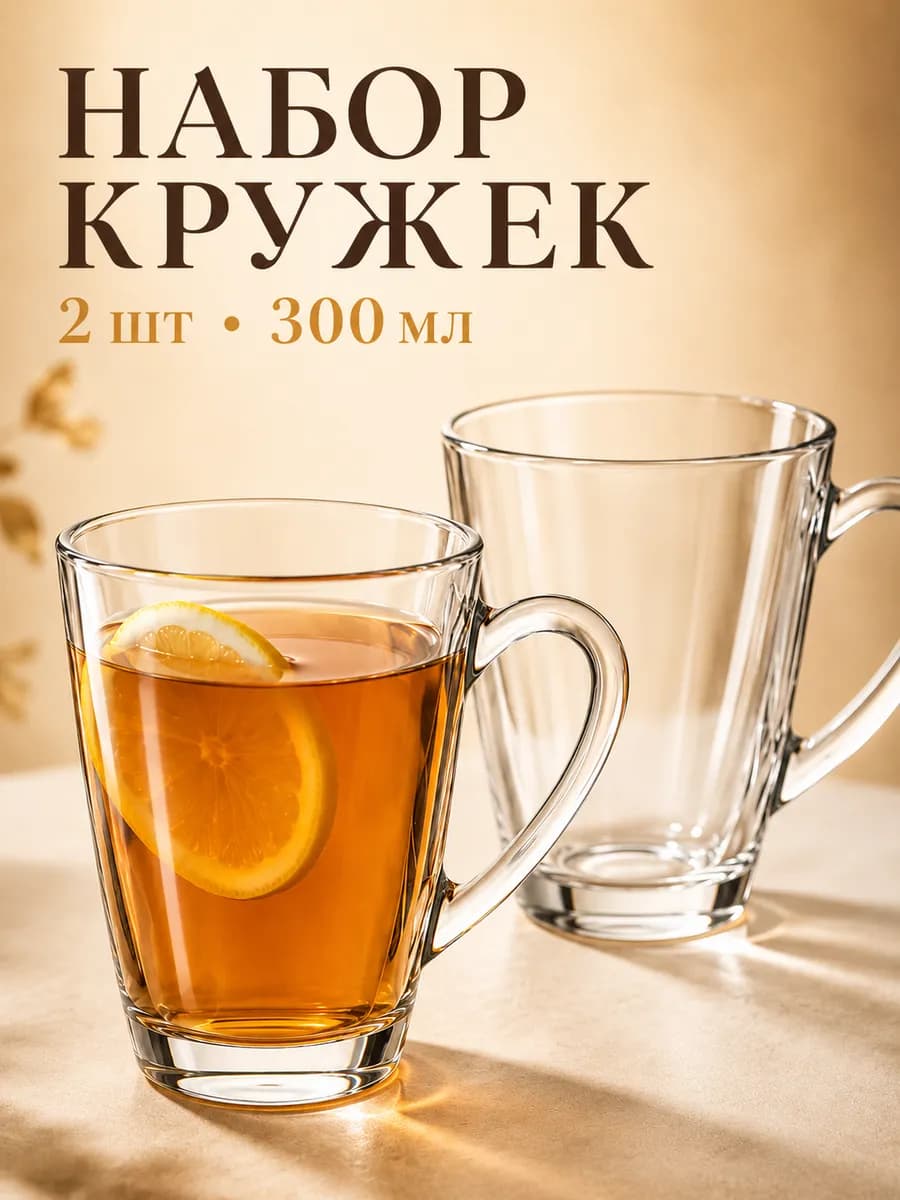 Стеклянные кружки 300 мл, набор 2 шт, для чая и кофе