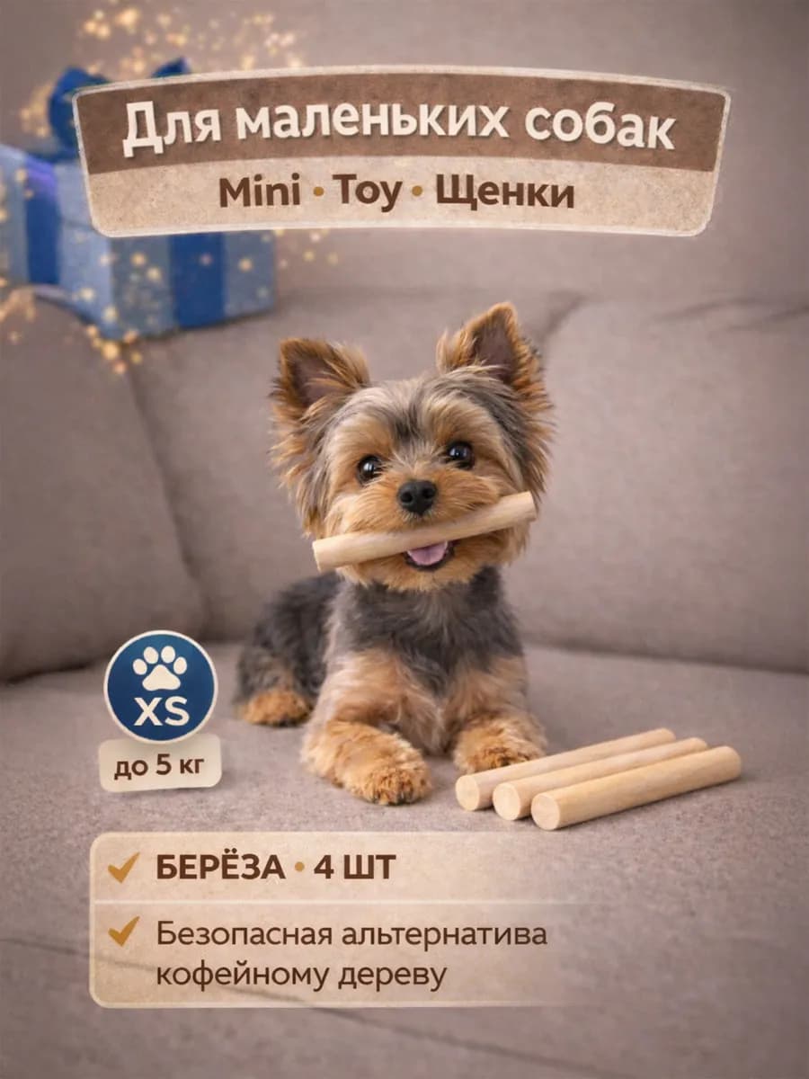 Грызунок для собак мелких пород и щенков, берёза, 4 шт