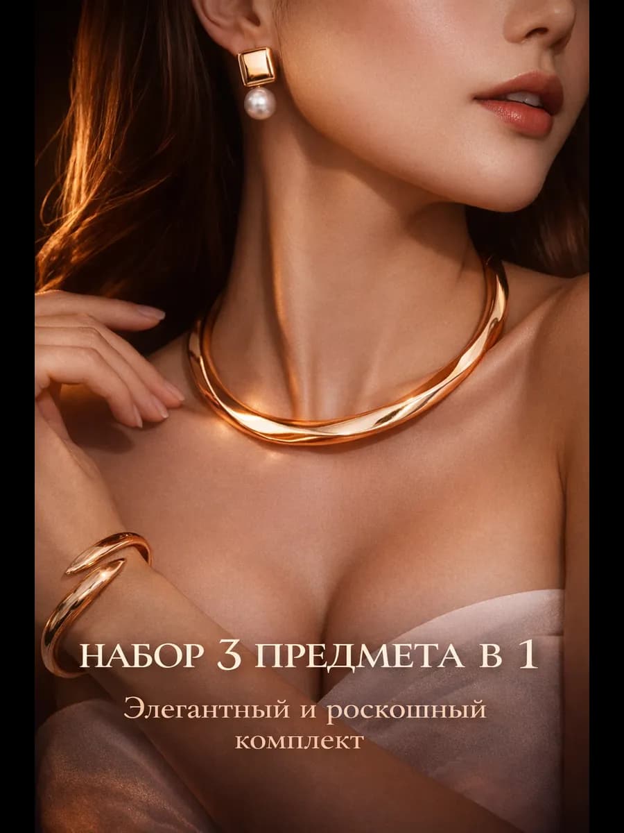 Колье золотистое с имитацией жемчуга набор бижутерии