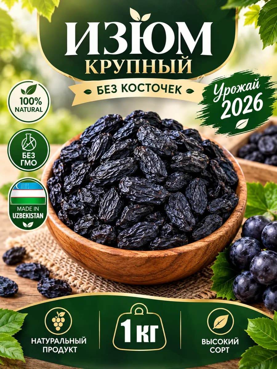 Изюм 1 кг крупный без косточек, сухофрукты без сахара