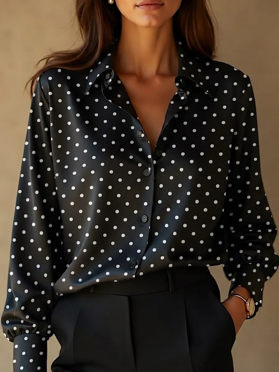 Шелковая рубашка оверсайз в горошек атласная в офис