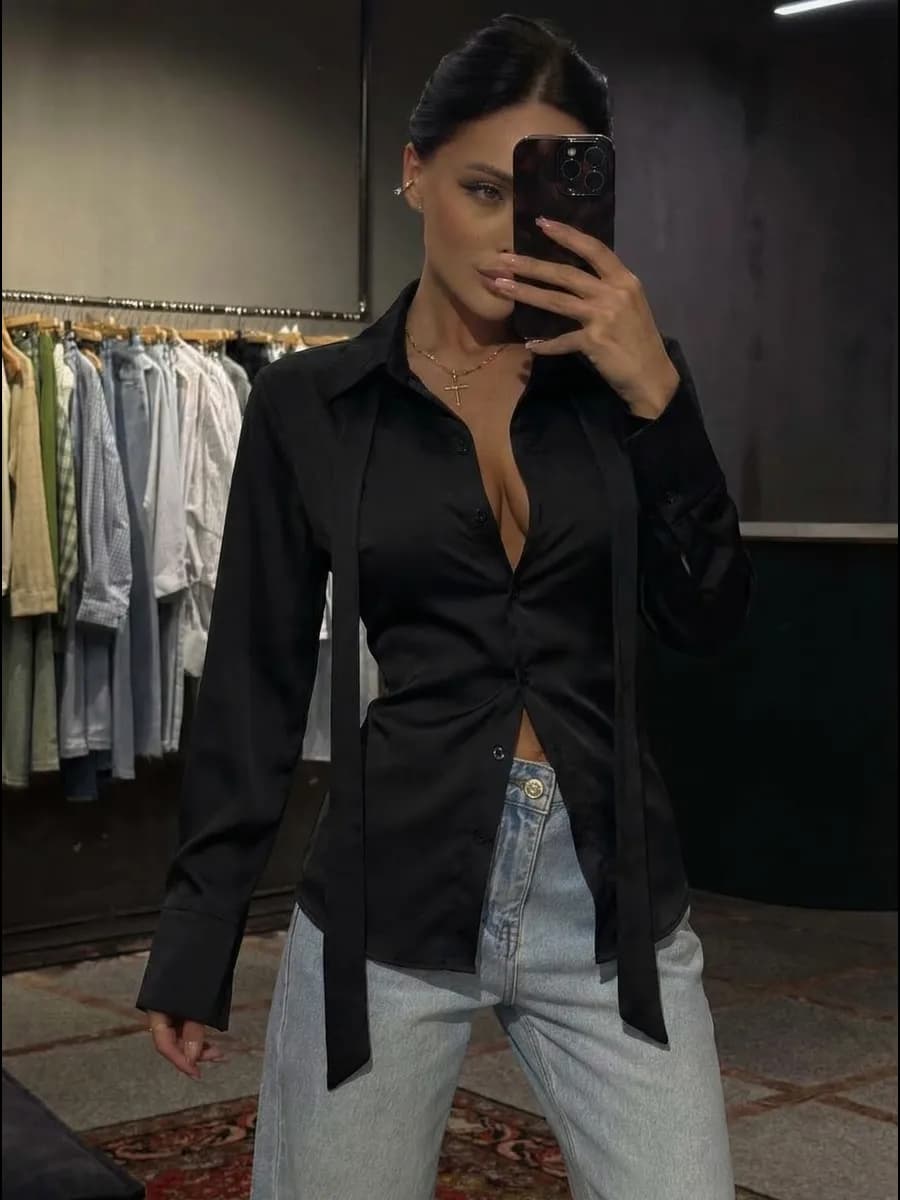 Шелковая рубашка приталенная на завязках сзади атлас в офис - фото 1