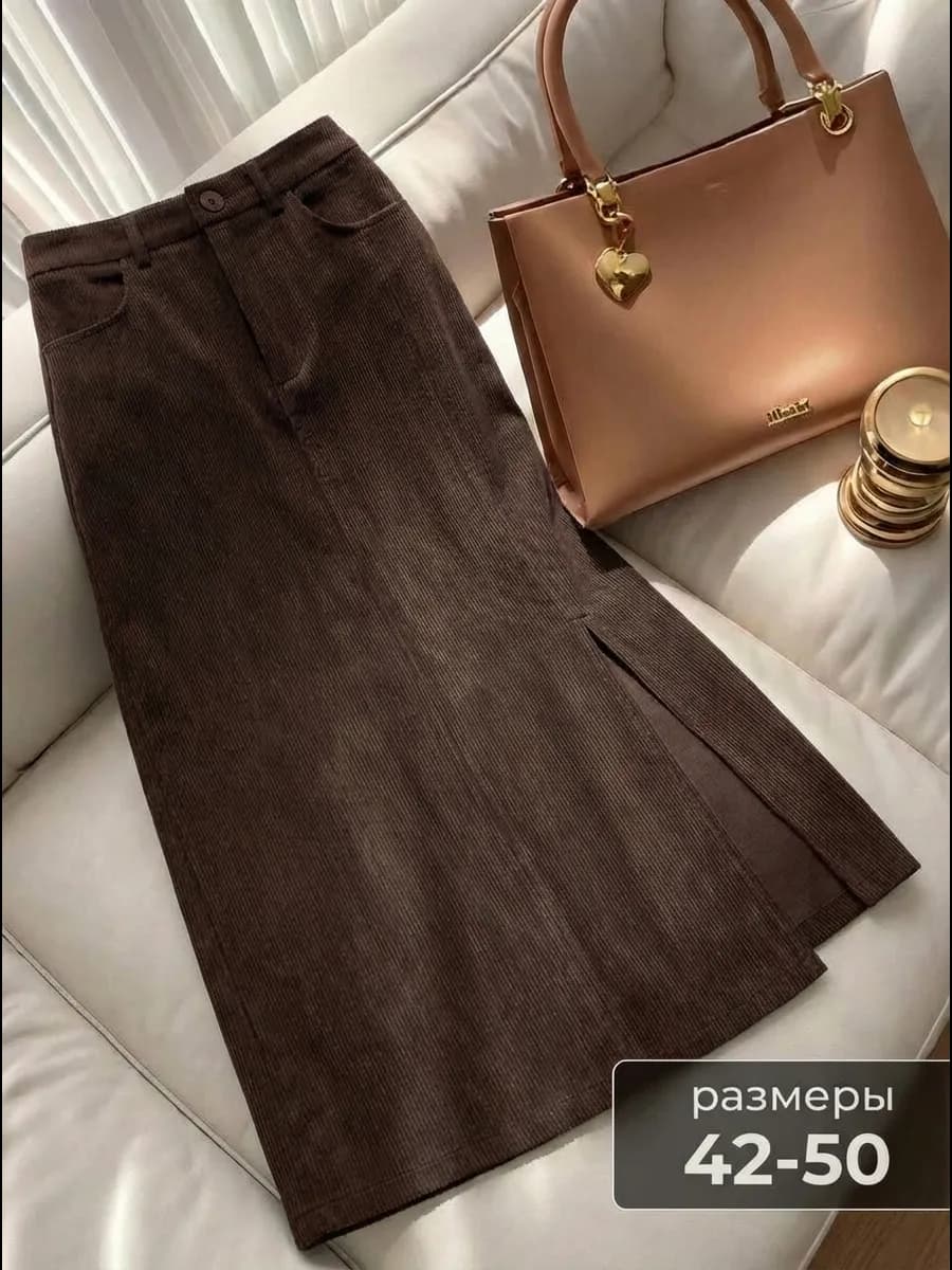 Юбка вельветовая миди c разрезом сбоку зимняя