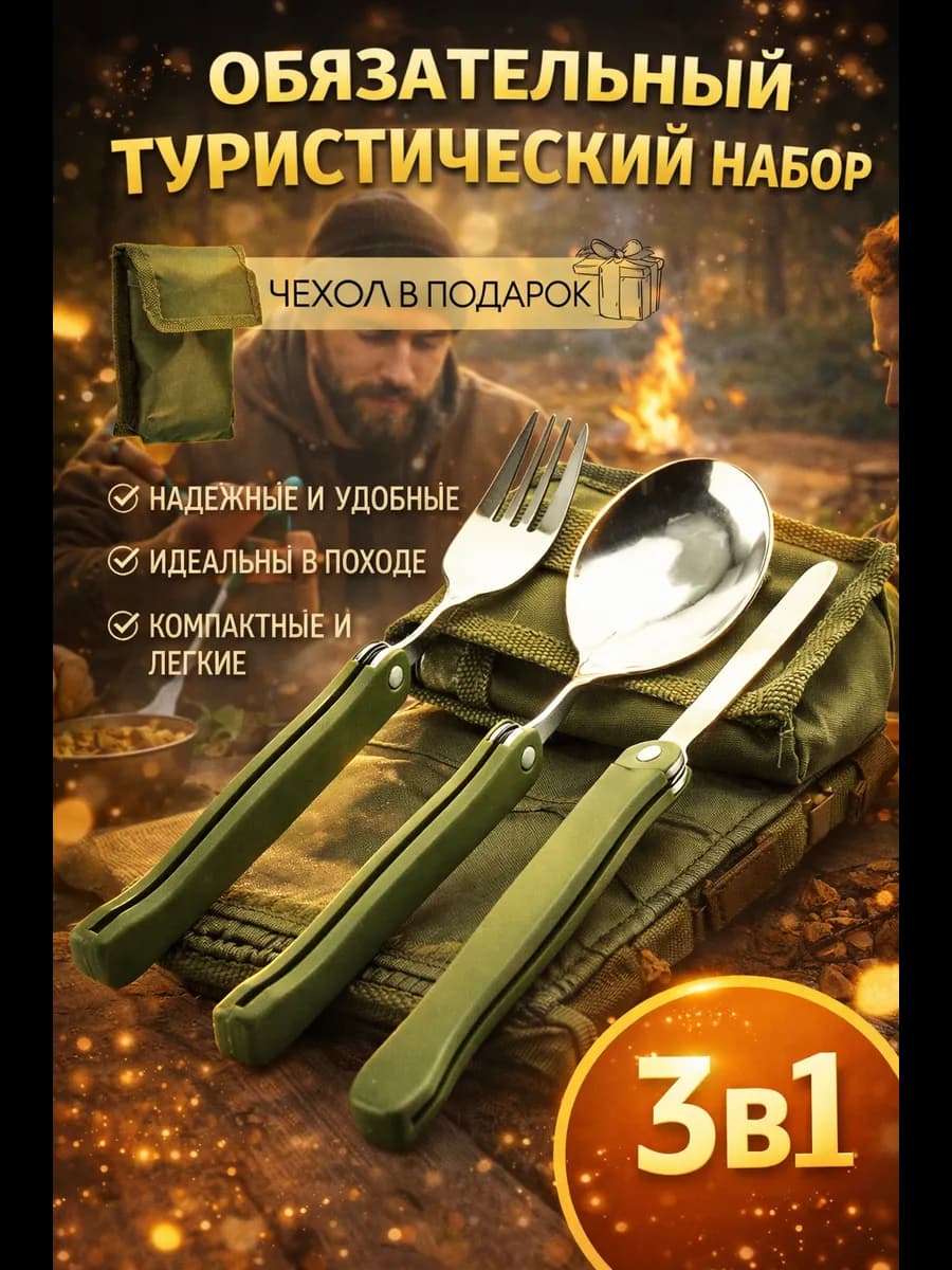 Туристический складной набор столовых приборов 3в1