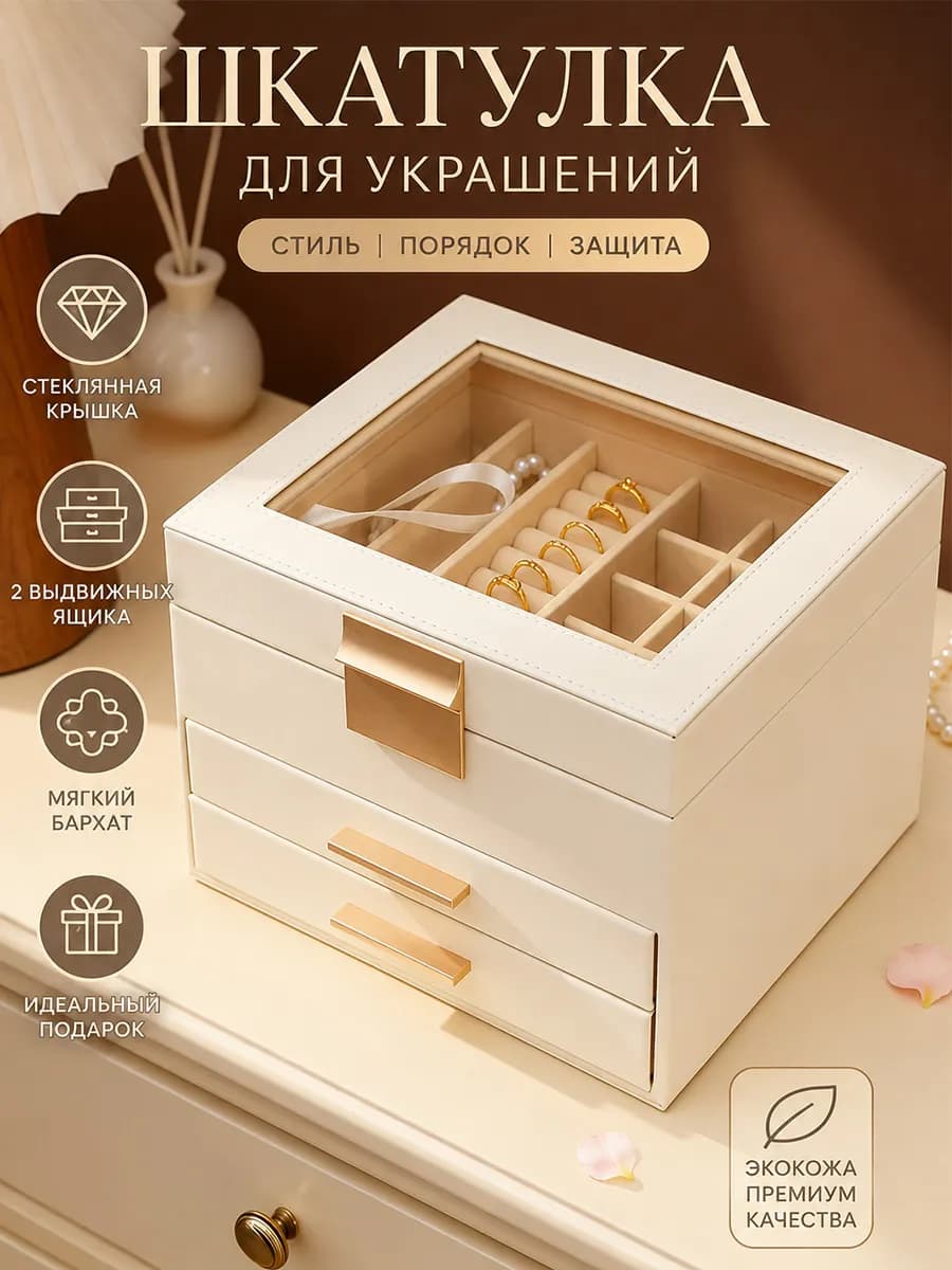 Шкатулка для украшений и бижутерии большая из экокожи