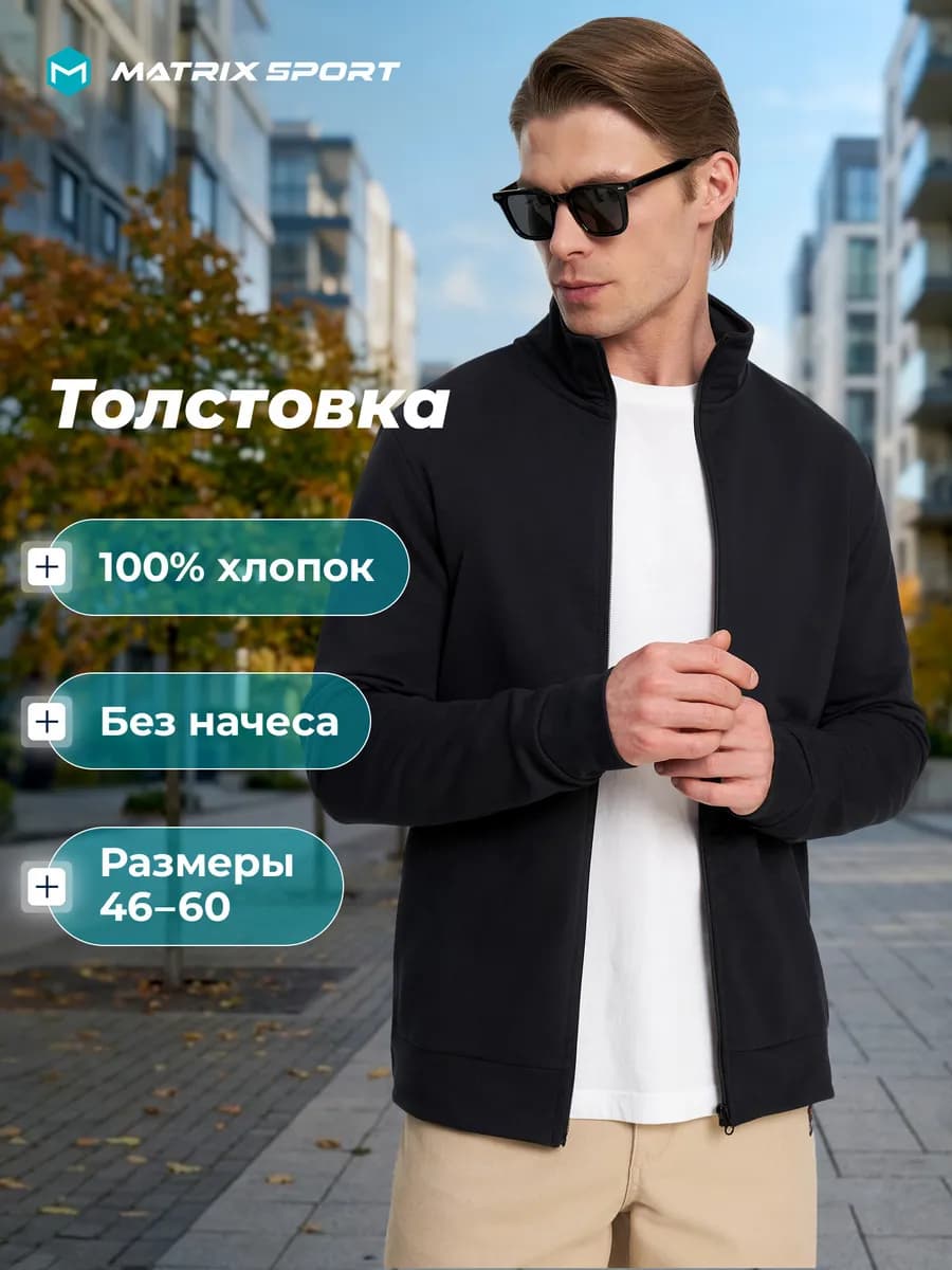 Толстовка мужская на молнии прямого кроя черная