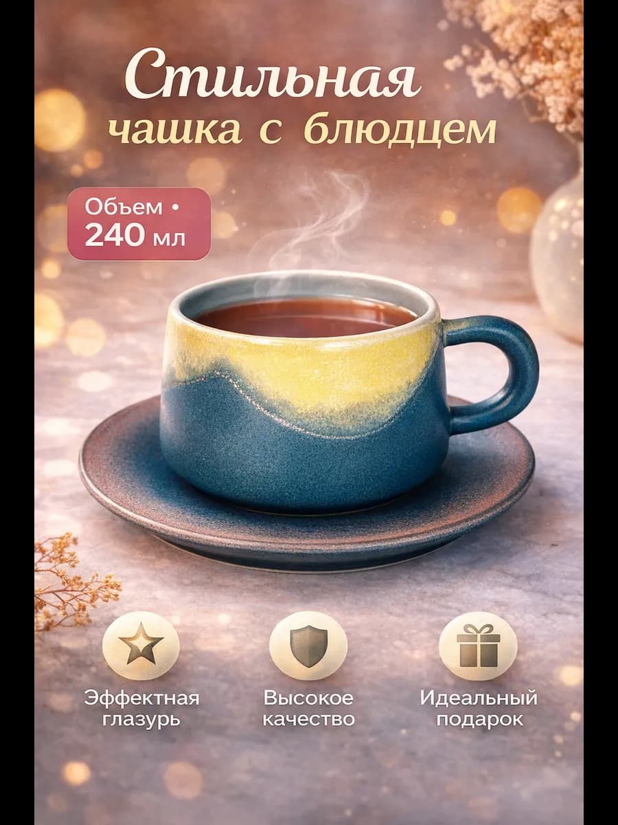 Кружка для чая и кофе с блюдцем чашка керамическая