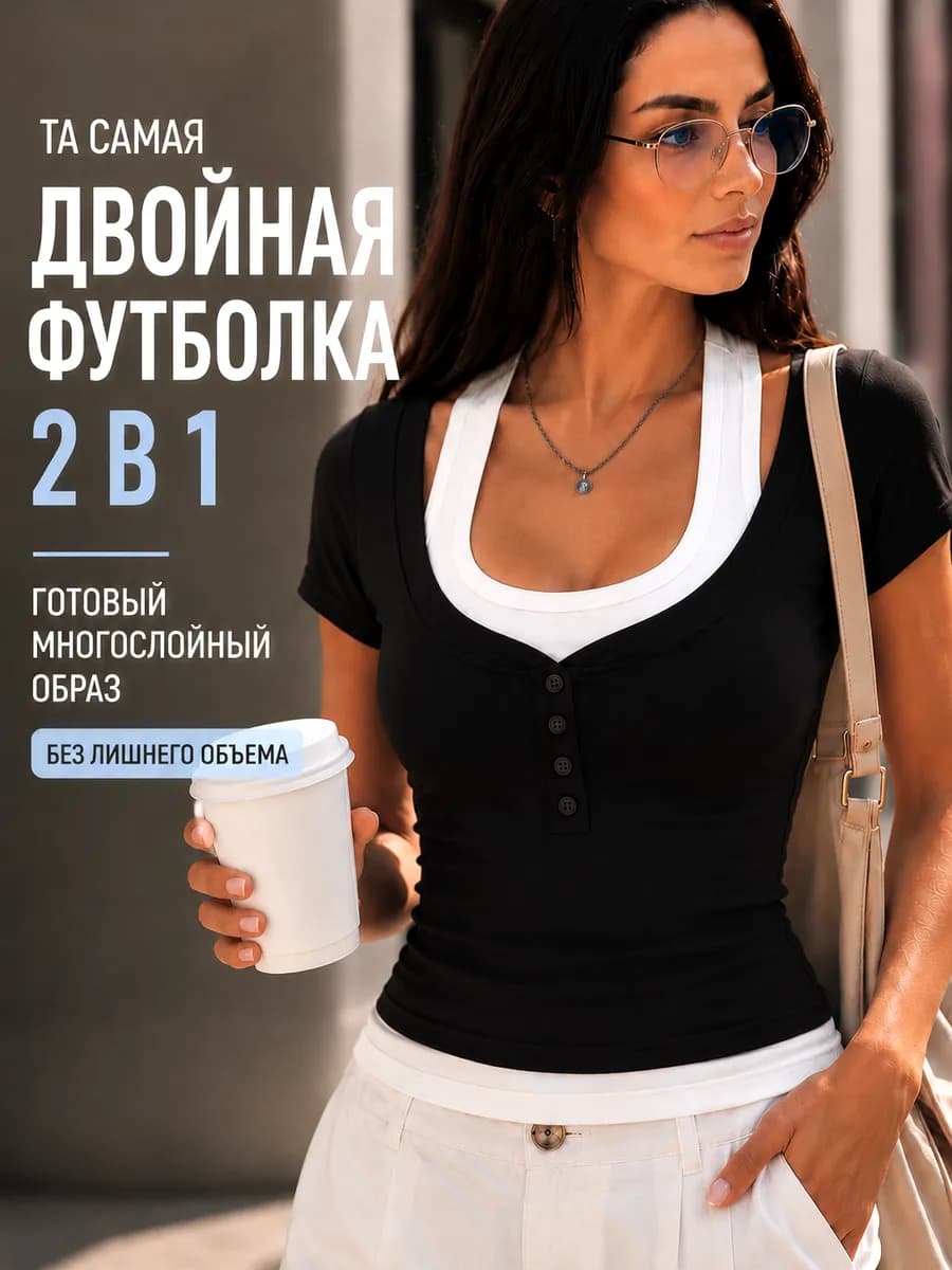 Футболка двойная с майкой облегающая обманка на пуговицах