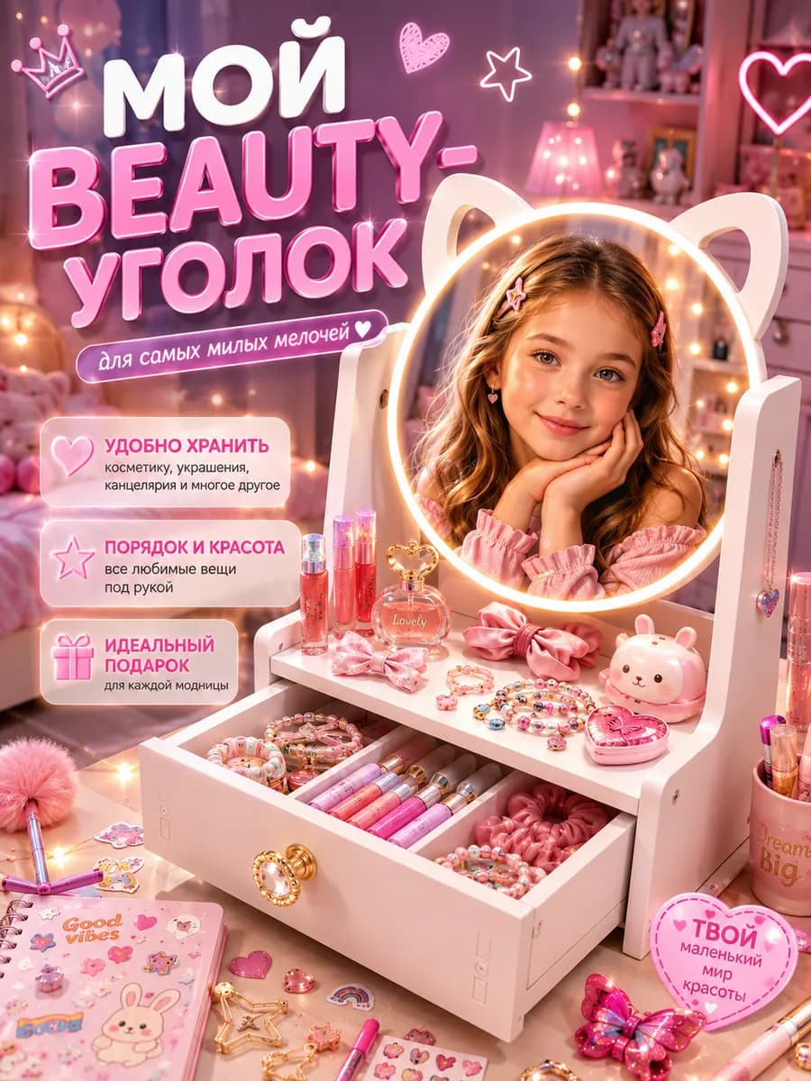 Органайзер с зеркалом настольный для косметики для девочки