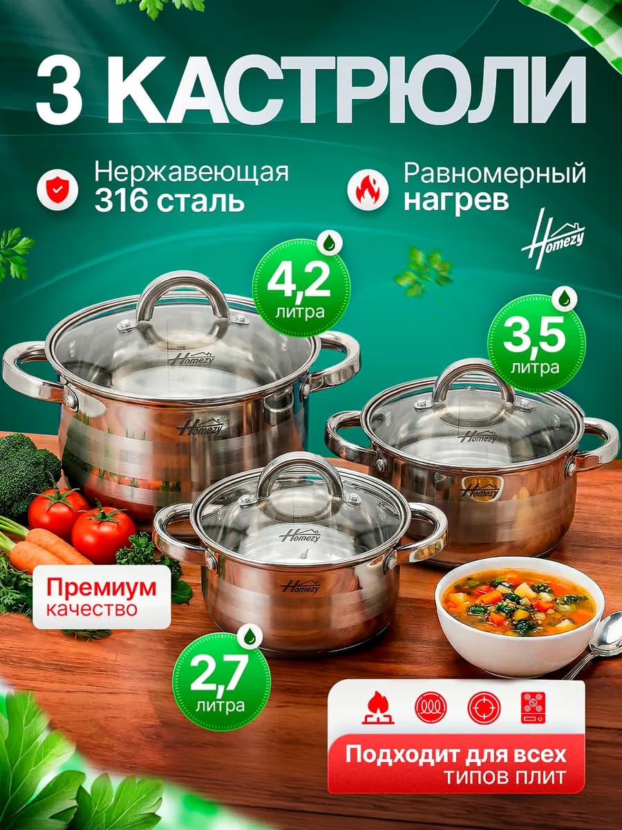 Набор кастрюль из нержавеющей стали со стеклянными крышками
