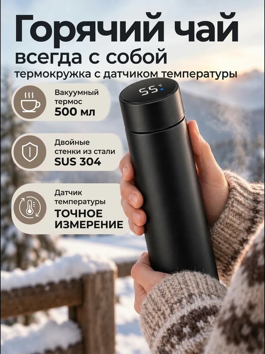 термокружка мужская черная с датчиком температуры