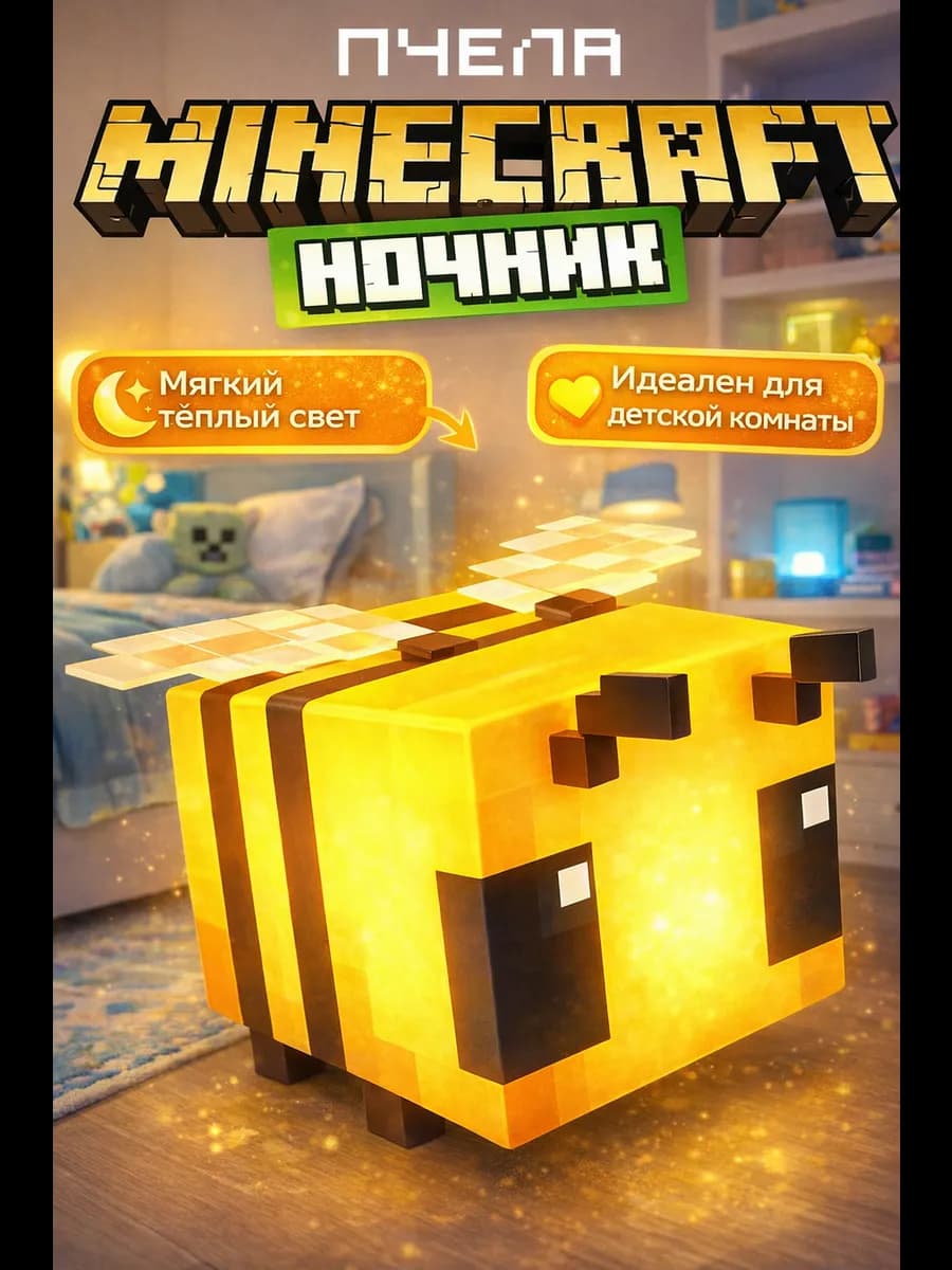 Детский ночник minecraft светильник майнкрафт пчела