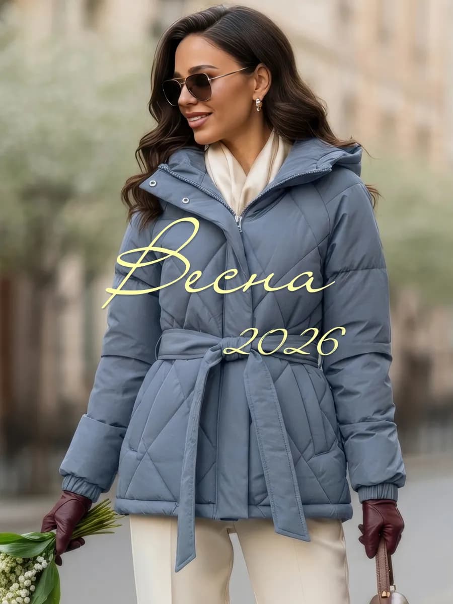 Куртка стеганая демисезонная с капюшоном и поясом - фото 1