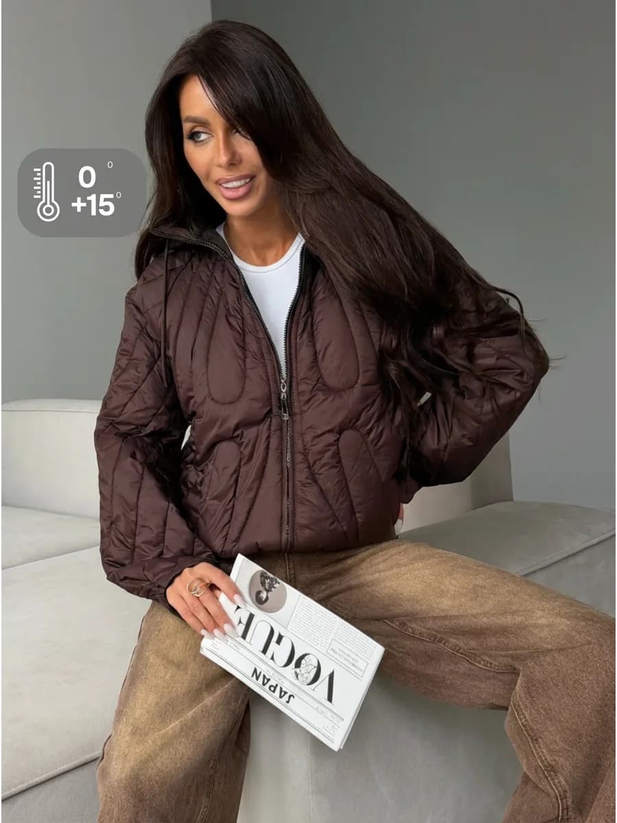 Куртка весенняя с капюшоном больших размеров коричневая