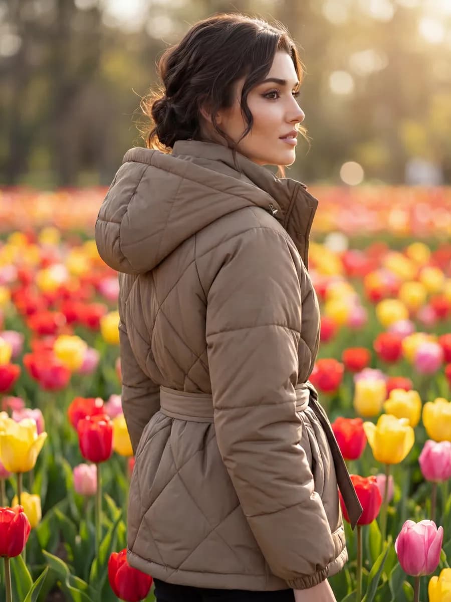 Куртка стеганая демисезонная с капюшоном и поясом