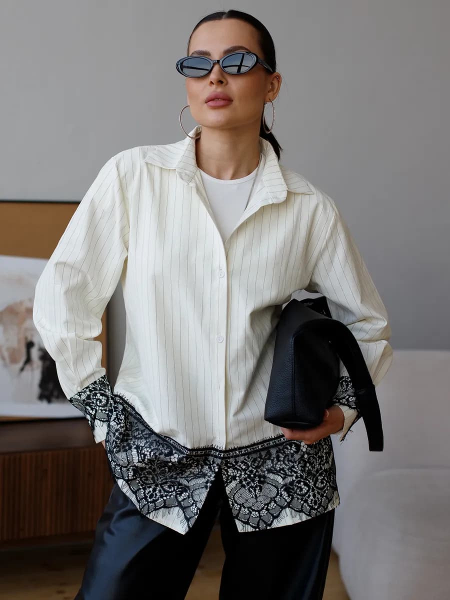 Рубашка оверсайз в полоску с гипюром
