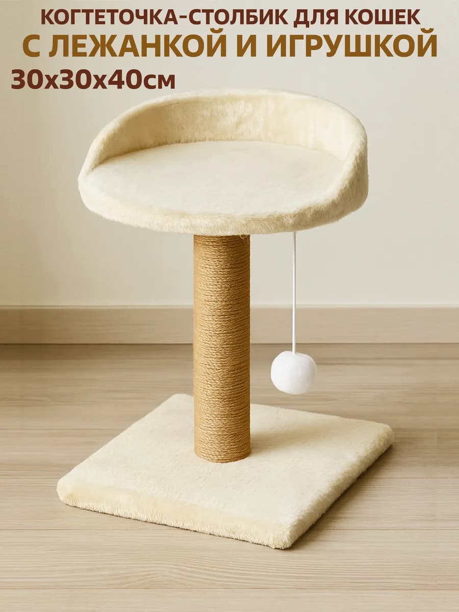 Когтеточка столбик для кошек с лежанкой и игрушкой - фото 1