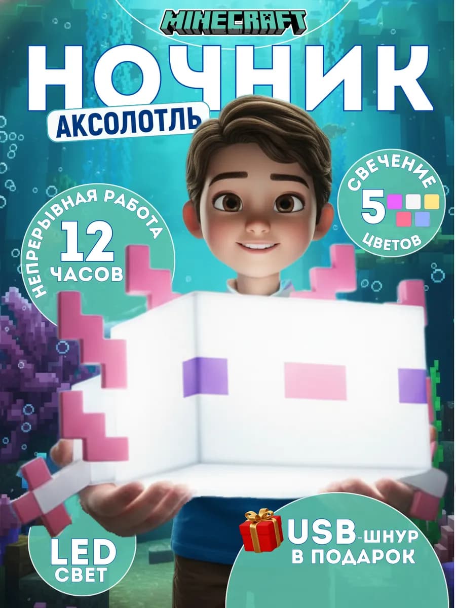 Детский светильник ночник Майнкрафт Аксолотль