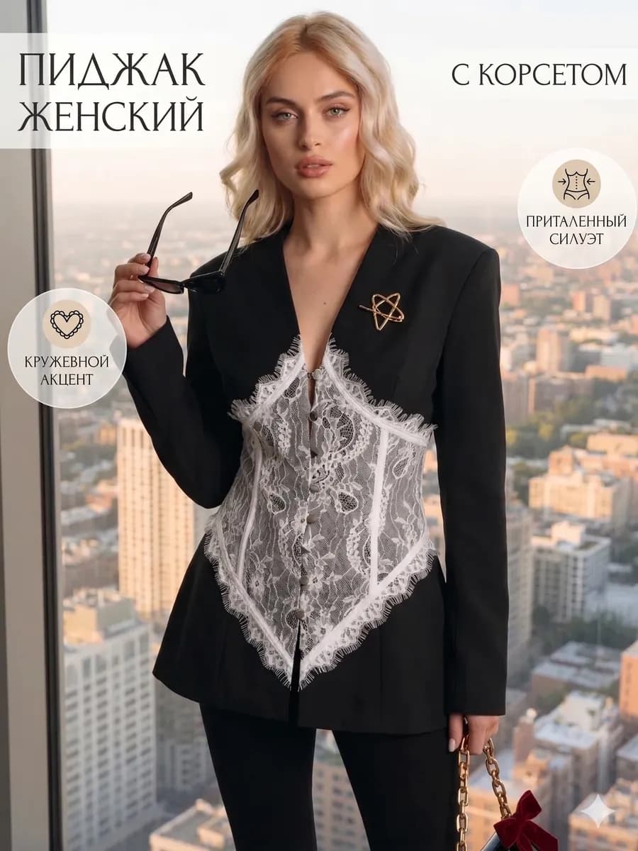 Черный Приталенный Пиджак с Белым Кружевным Корсетом