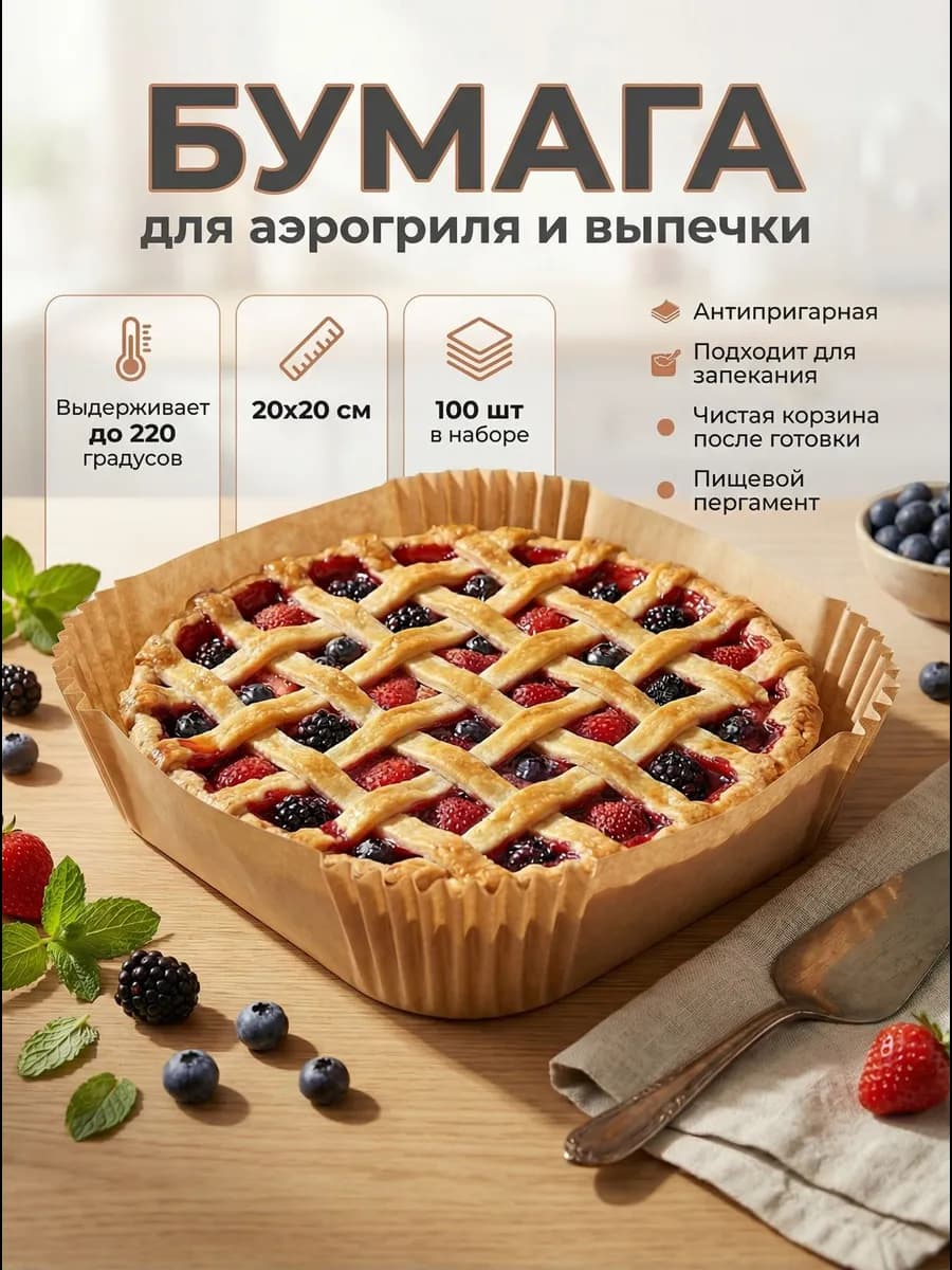 Бумажная форма для выпечки в аэрогриле квадратная, 100 шт