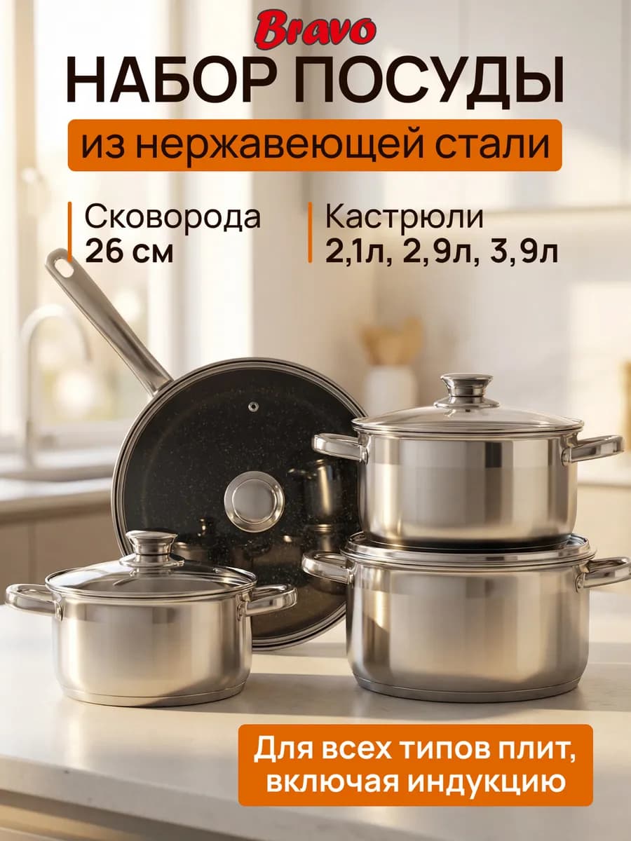 Набор кастрюль со стеклянными крышками и сковорода стальные