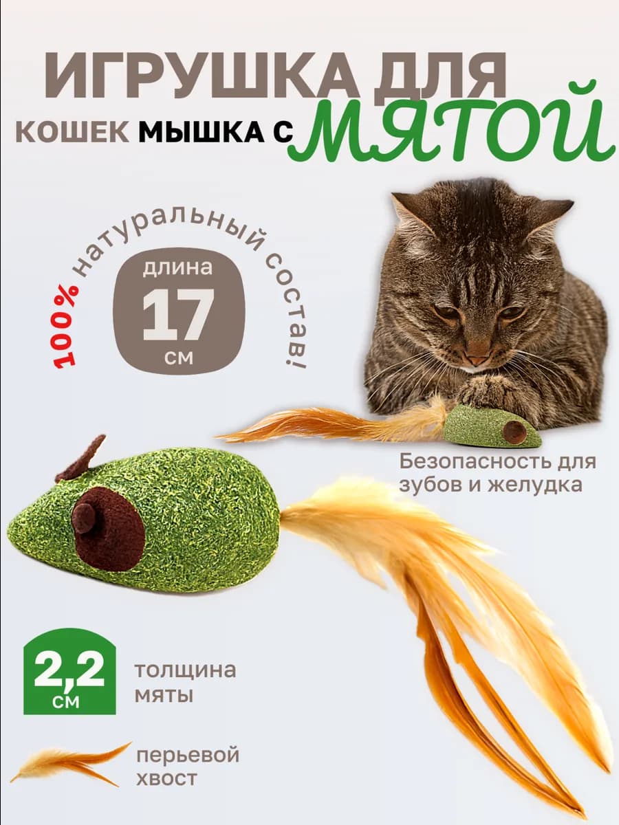 Игрушка для кошек мышка с пером и мятой 2в1