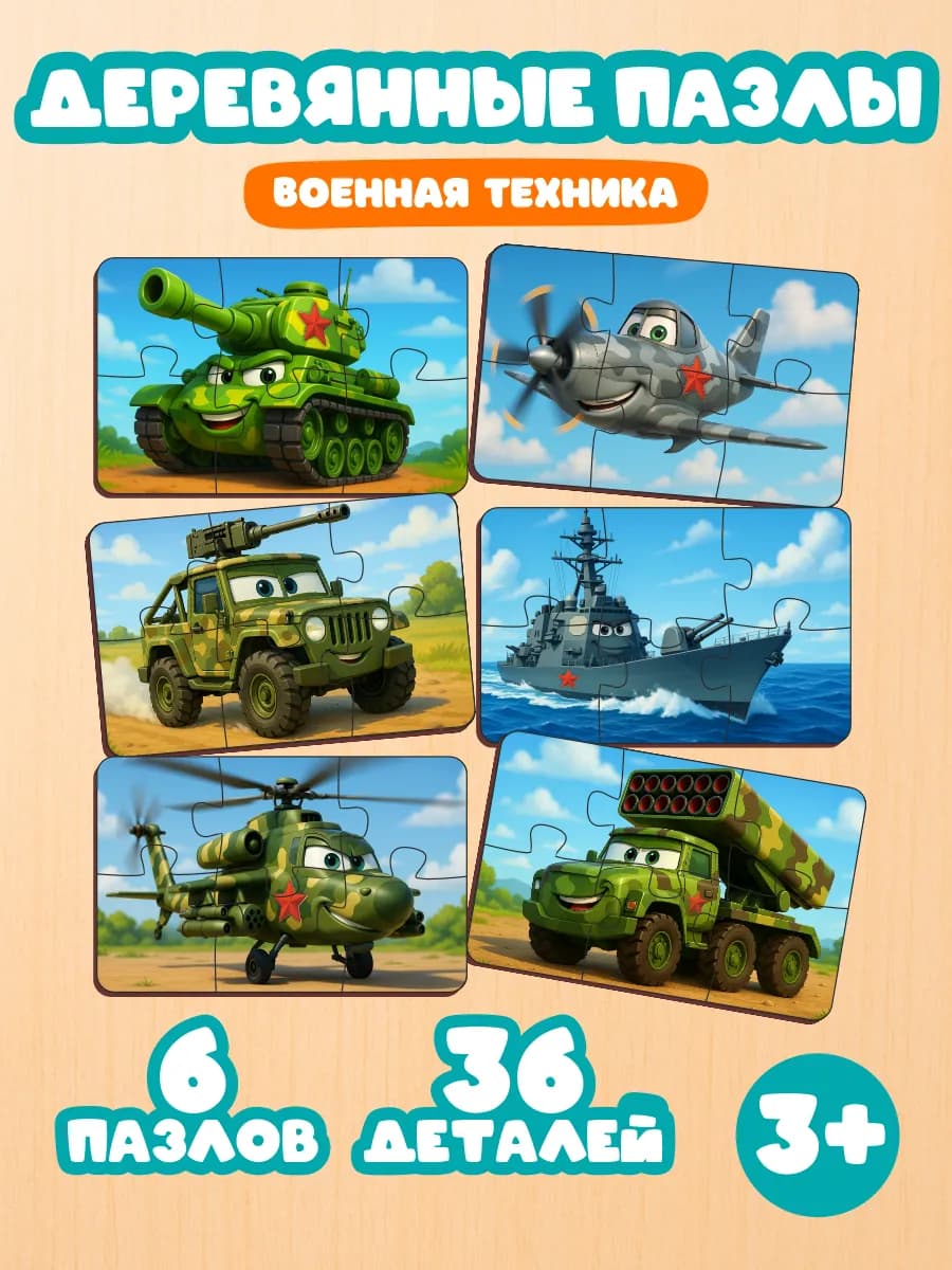 Деревянные пазлы для детей на 23 февраля (6 штук)