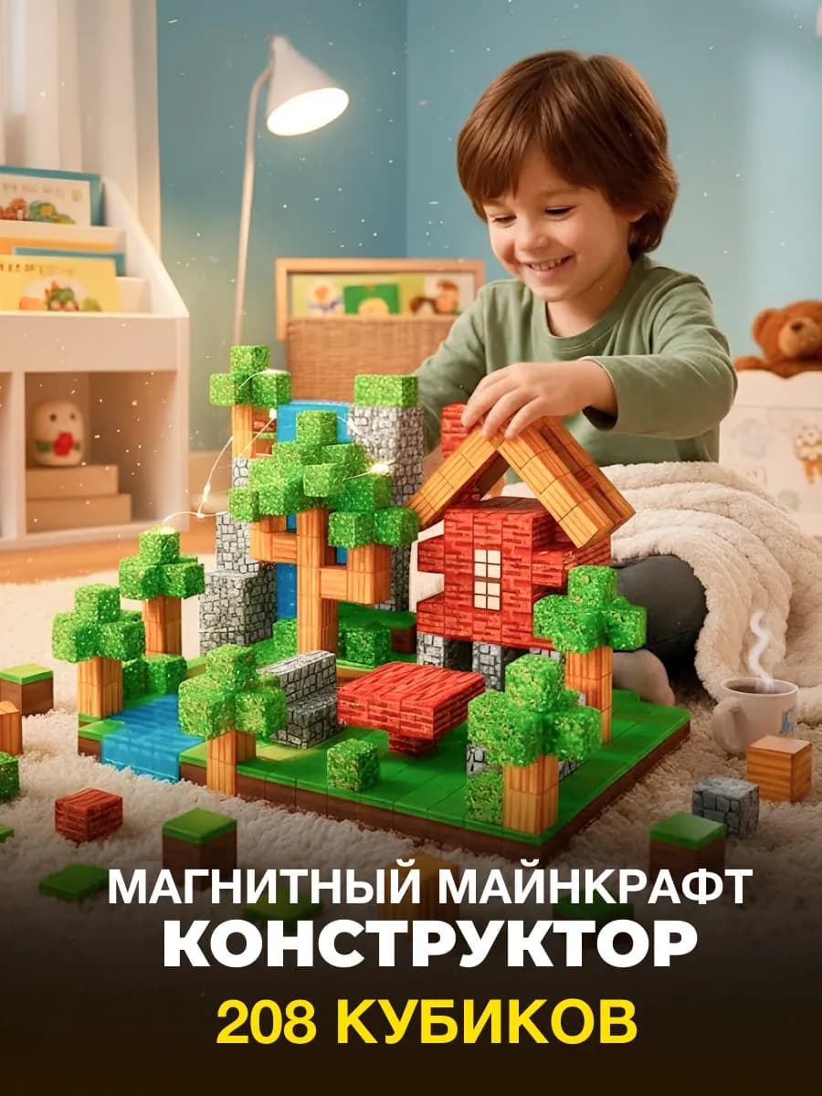 Магнитный конструктор Minecraft кубики 208 деталей