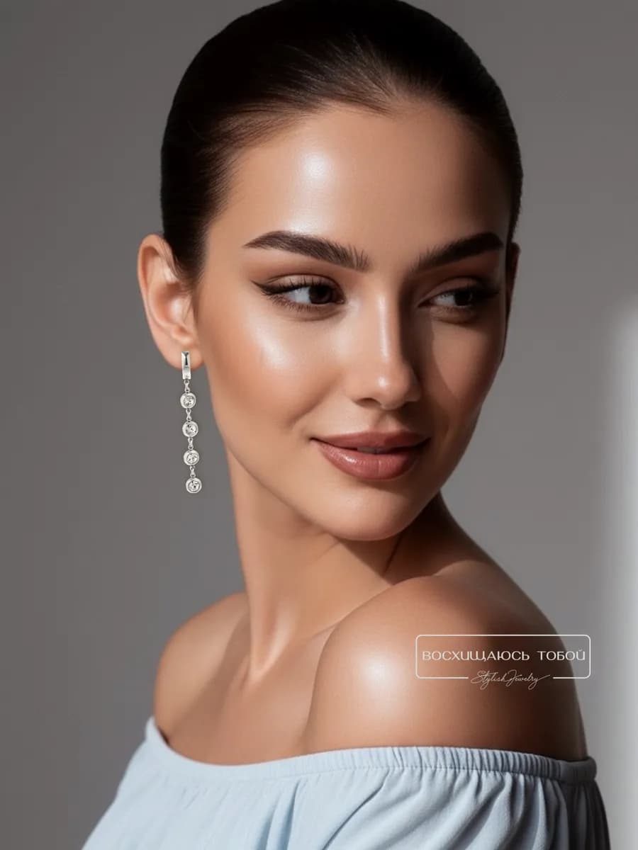 Серьги длинные висячие под серебро с камнями - фото 1