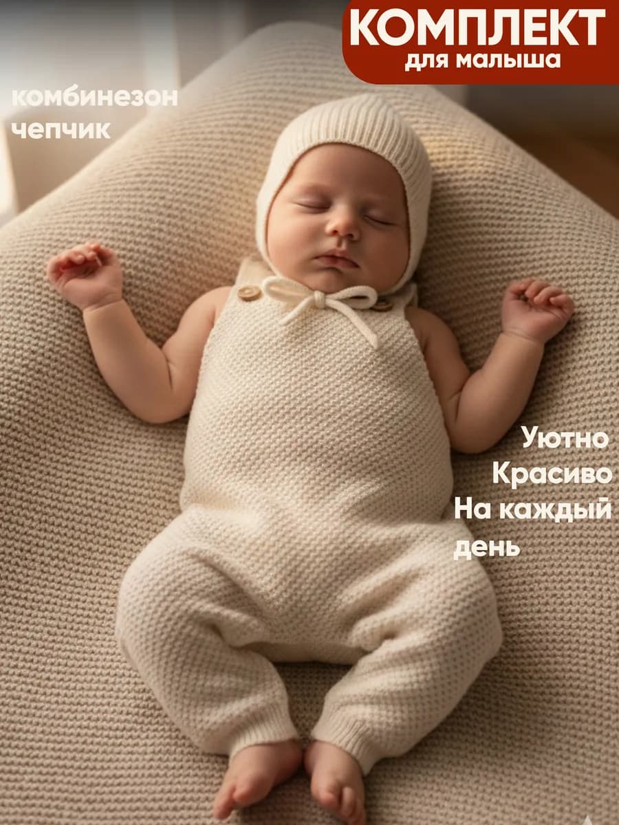 Вязаный комбинезон для новорожденных комплект на выписку