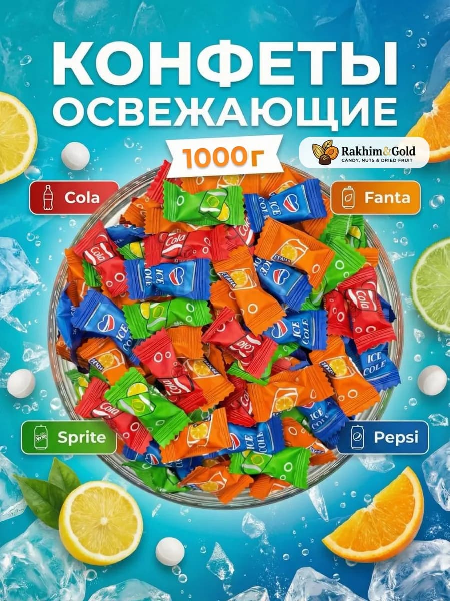 Леденцы со вкусом pepsi, sprite, fanta 1000 кг