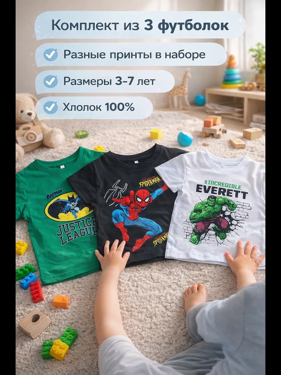Футболки детские с принтом супергероев. Цвет и принт рандом