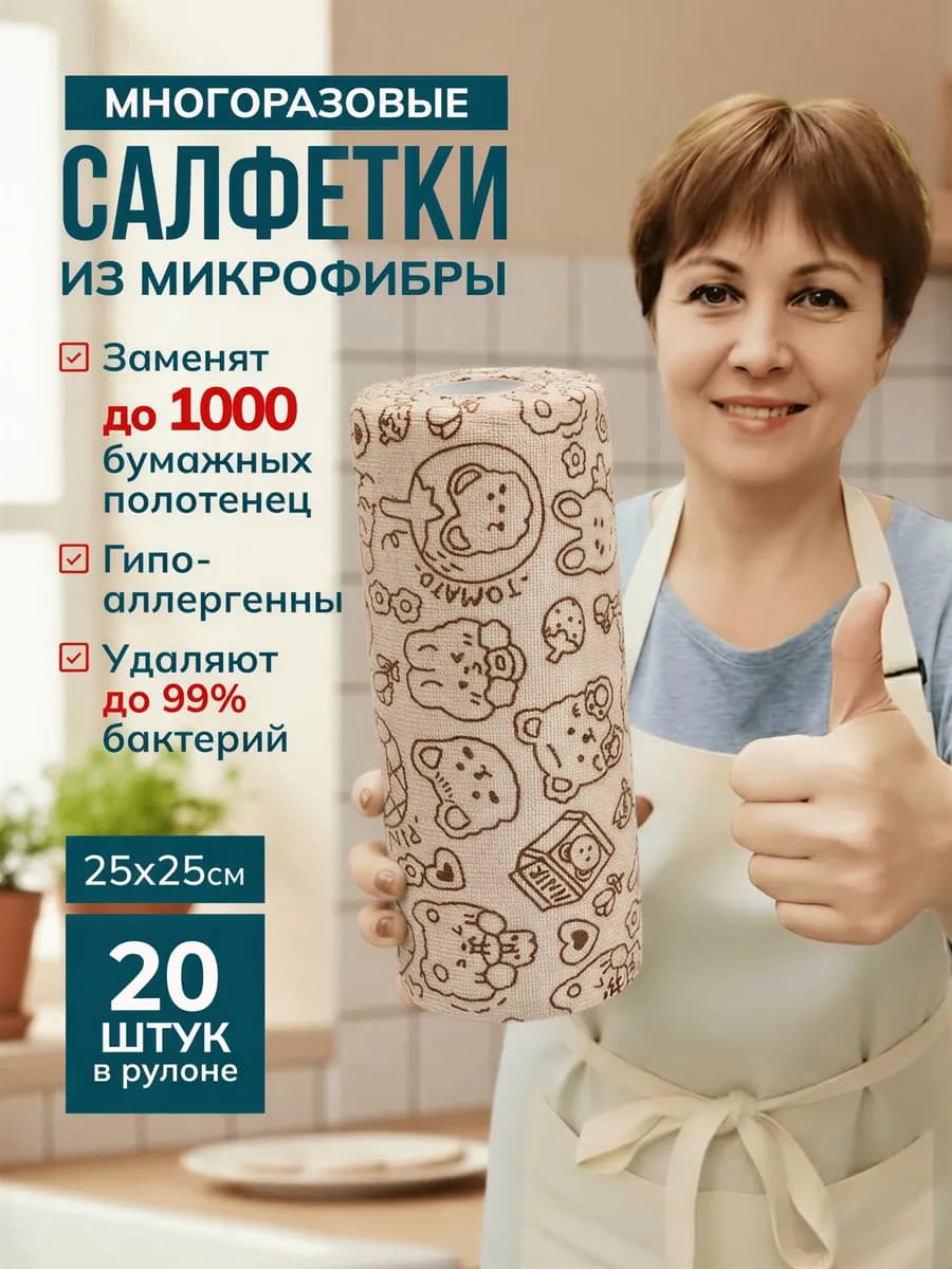 Салфетки для уборки в рулоне многоразовые из микрофибры