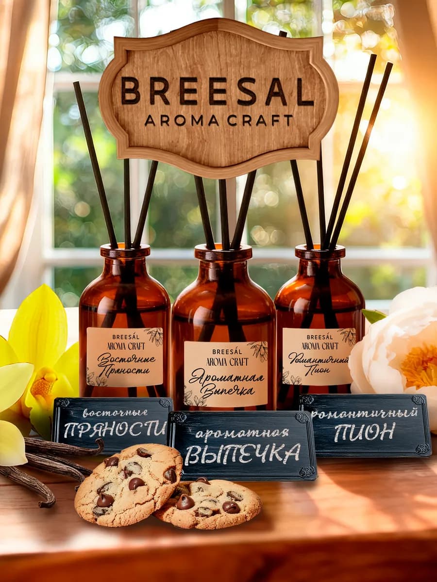 Диффузор для дома с палочками, Пион, Печенье, Восток, 3 шт
