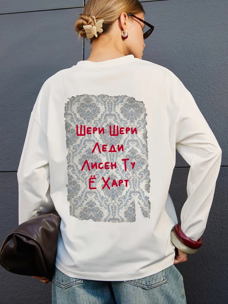 Лонгслив из хлопка однотонный оверсайз с принтом