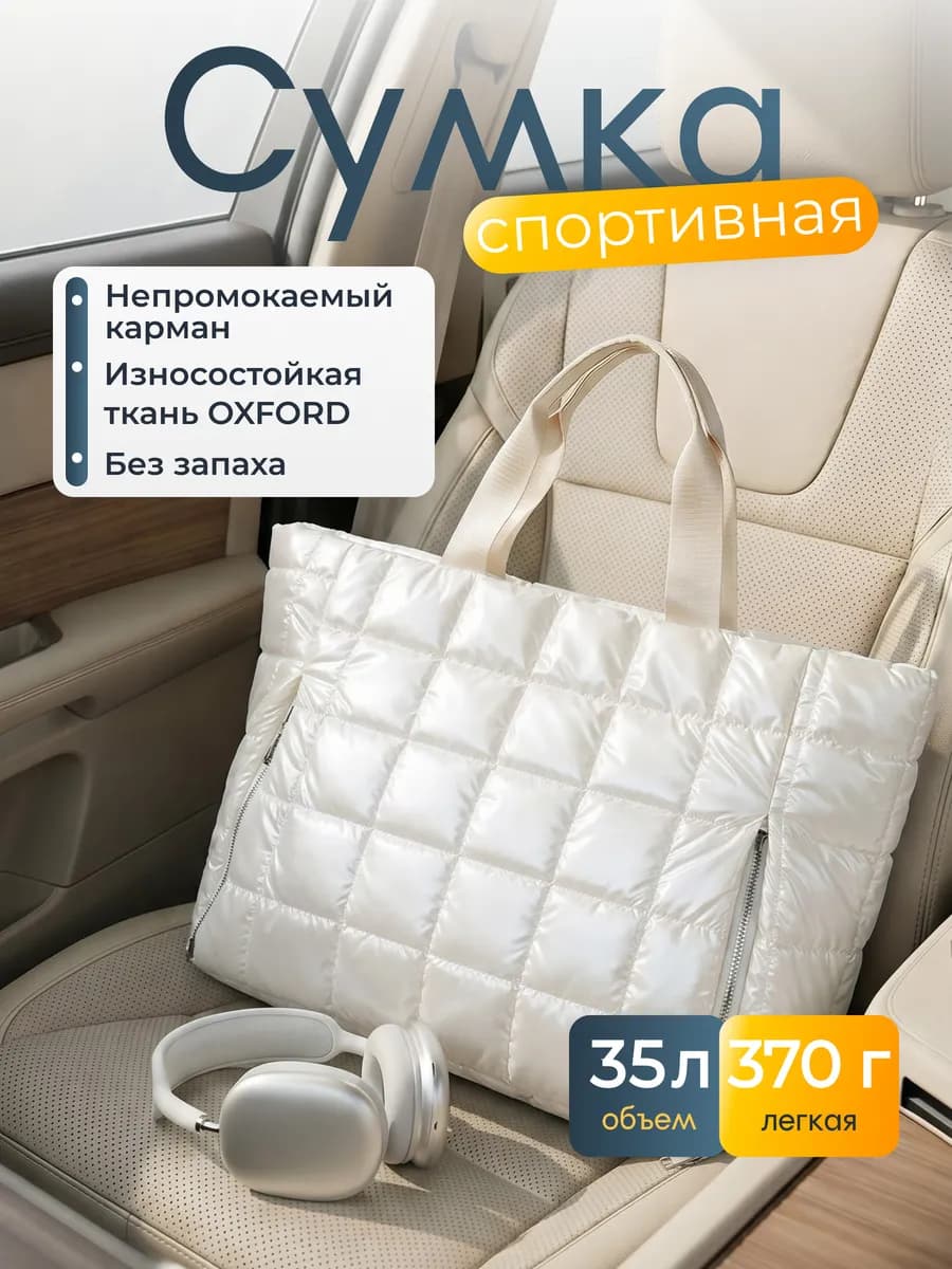 Сумка стёганая через плечо большая дутая шоппер на молнии