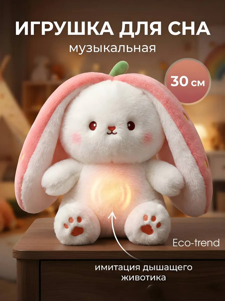 Мягкая игрушка дышащая для сна зайка в морковке музыкальная