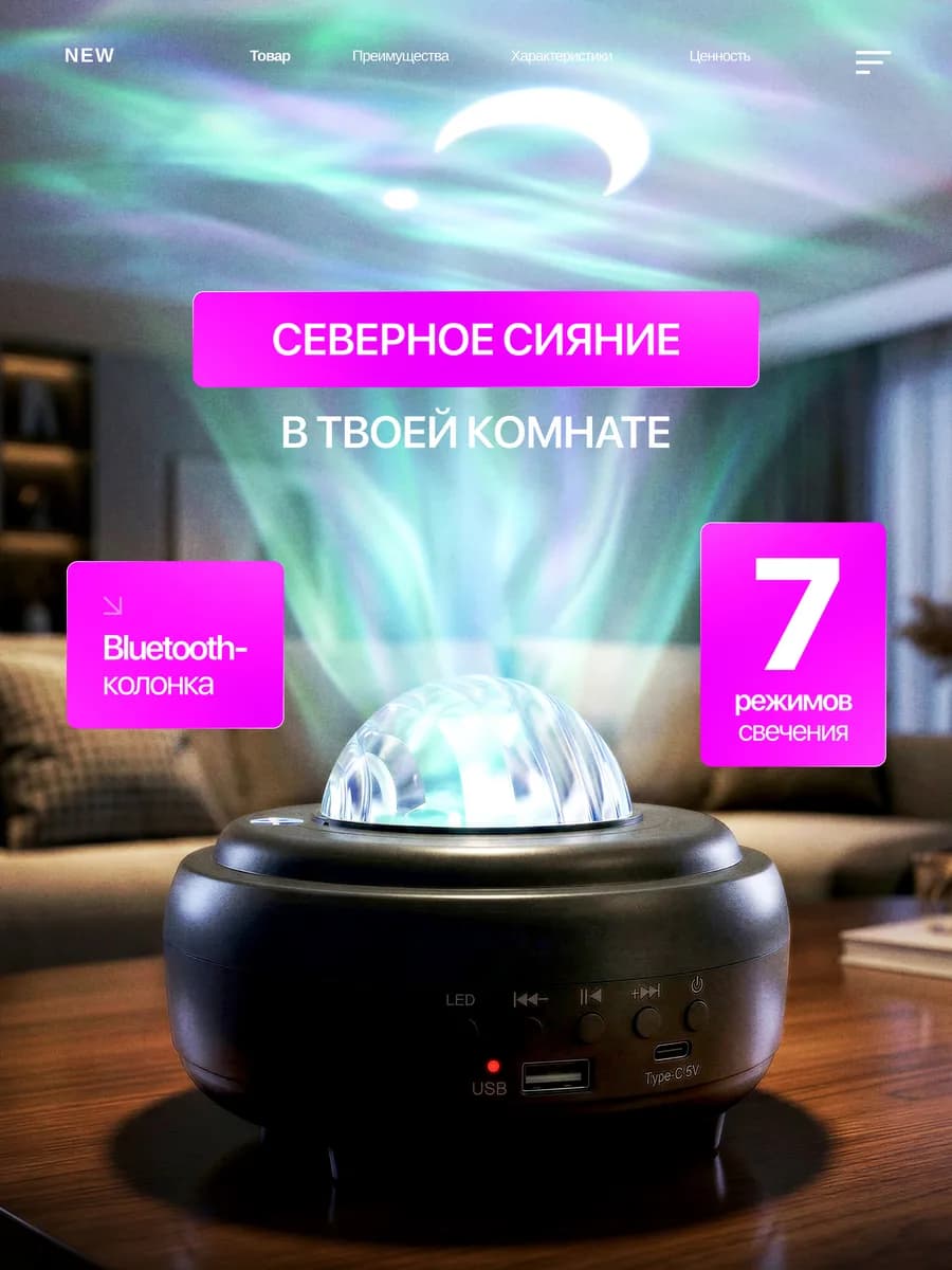LED проектор космоса с Bluetooth колонкой и эффектом сияния