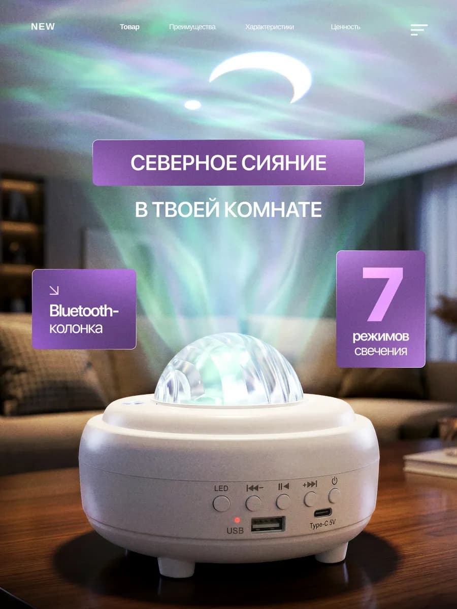Ночник блютуз колонка северное сияние проектор