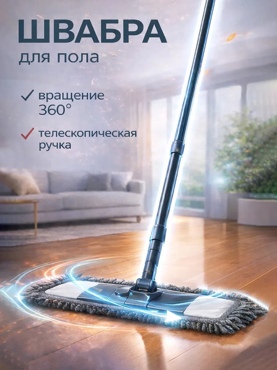 Швабра для мытья пола плоская, с насадкой