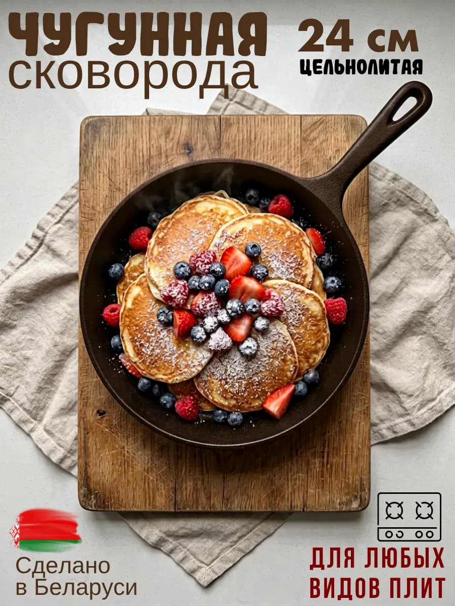 Чугунная сковорода 24 см с литой ручкой