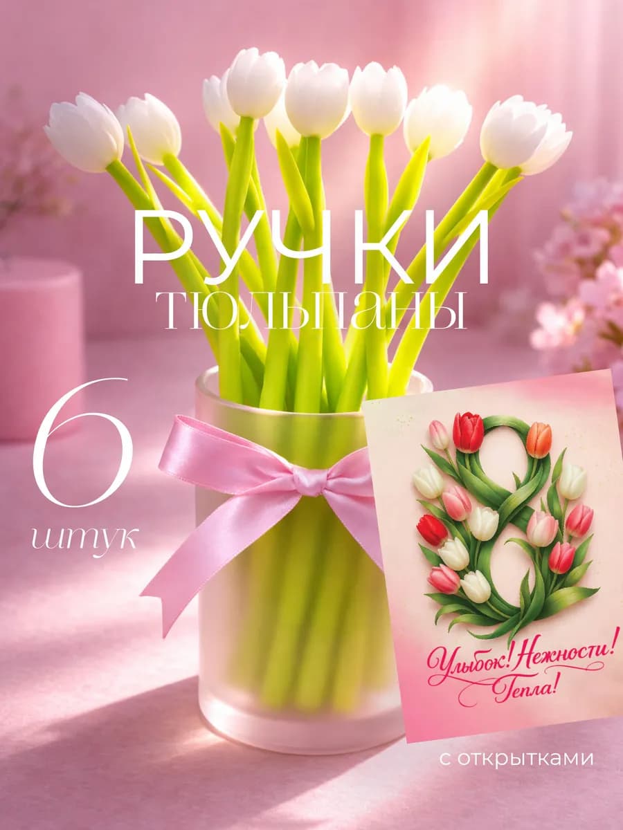 Набор шариковых подарочных ручек тюльпан на 8 марта 6шт