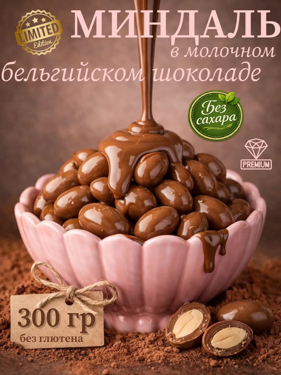 Миндаль в молочном шоколаде без сахара 300 гр