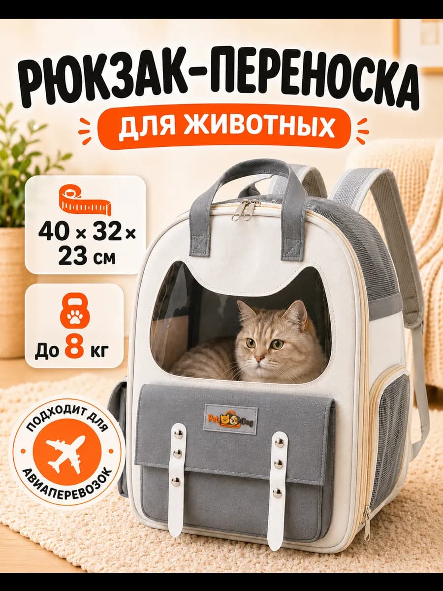Переноска рюкзак PetBag для домашних животных бежево-серая