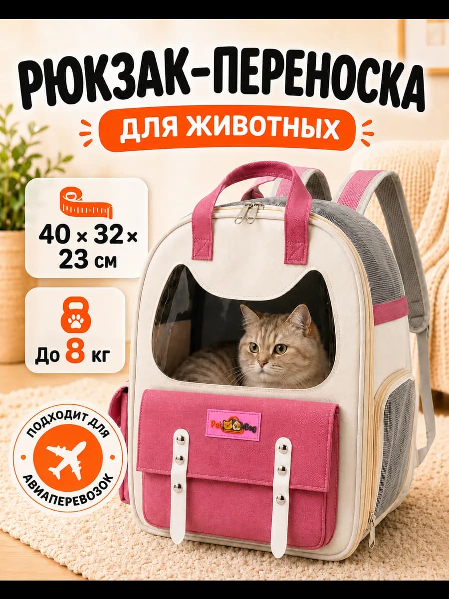 Переноска рюкзак PetBag для домашних животных бежево-розовая