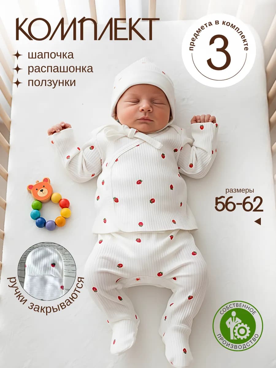 Комплект для новорожденных ползунки, распашонка, чепчик