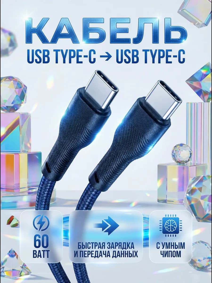 Кабель USB Type-C -> USB Type-C Быстрая зарядка 60 Ватт